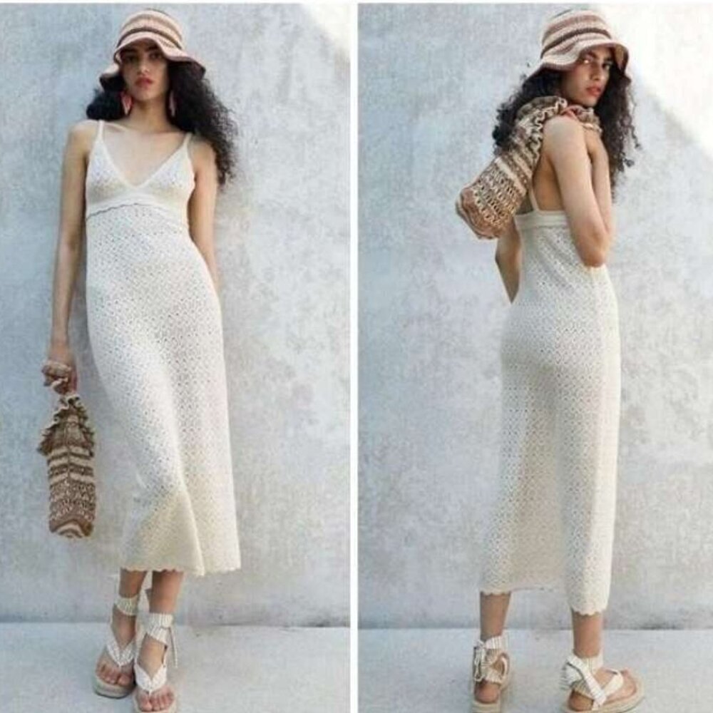 Zara Beige Openwork V-neck Crochet Midi Dress - 22533